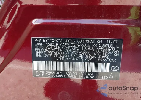 2008 Lexus Es 350 z USA, uszkodzony, nr VIN JTHBJ46G482191437